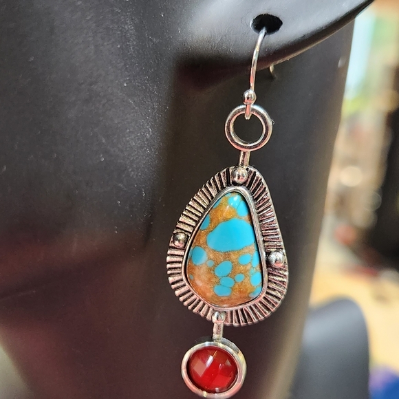 Navajo Silver Turquoise Drop Earrings Turquoise South Western NWT - Picture 1 of 4